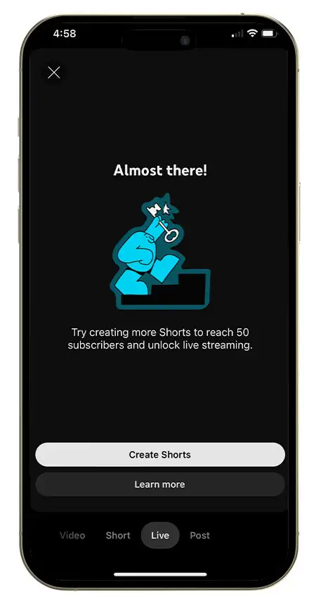 Screenshot of YouTube app with message stating that 50 subscribers are required to live stream on mobile.