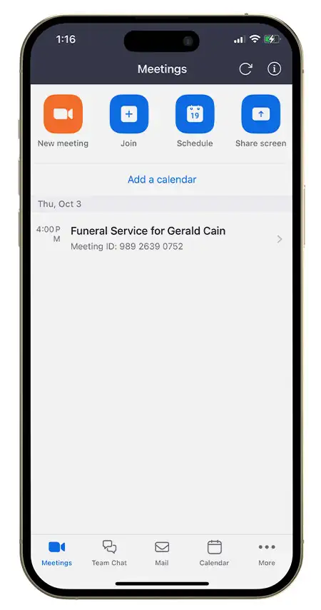 Screenshot of Zoom app with a funeral scheduled.